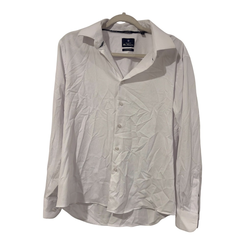 Ben Sherman Mens Slim Fit All Way Stretch Long Sleeve Button Down Shirt White L